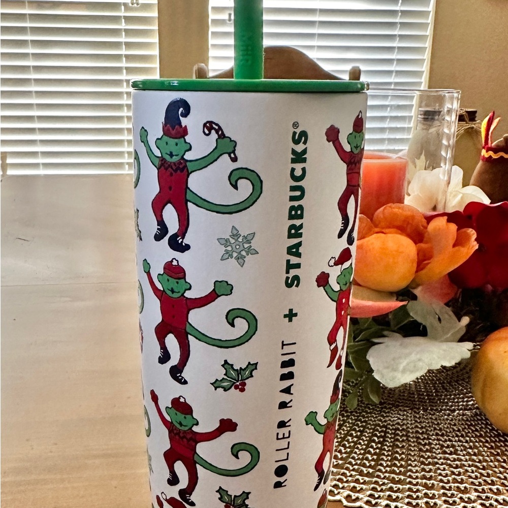 Starbucks Tumbler Cup Roller Rabbit Holiday Monkey Red Green White 24 oz
